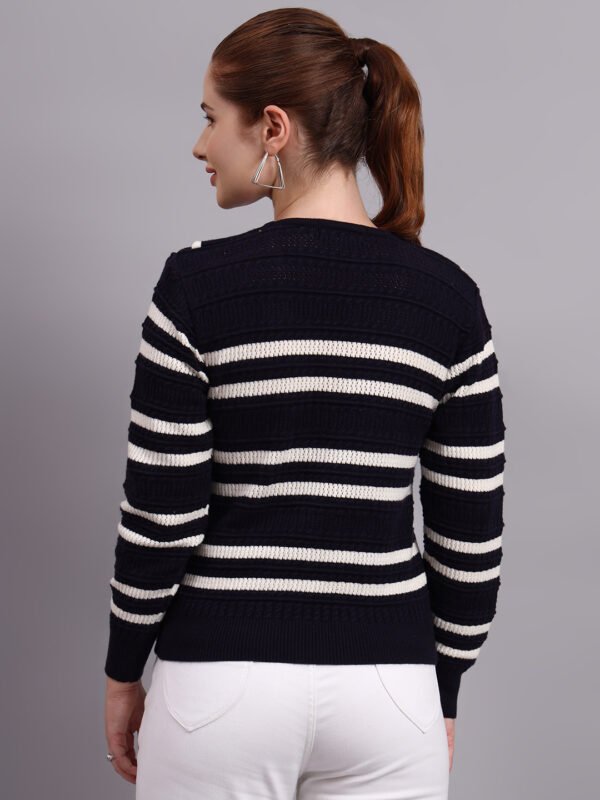 Spread Collar Striped Button-Down | Premium Acrylic Wool Women Knitted Black Top Sweater