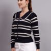 Spread Collar Striped Button-Down | Premium Acrylic Wool Women Knitted Black Top Sweater