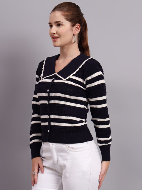 Spread Collar Striped Button-Down | Premium Acrylic Wool Women Knitted Black Top Sweater