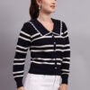 Spread Collar Striped Button-Down | Premium Acrylic Wool Women Knitted Black Top Sweater