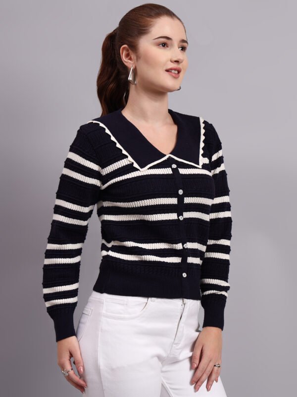 Spread Collar Striped Button-Down | Premium Acrylic Wool Women Knitted Black Top Sweater