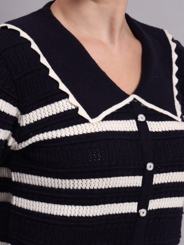 Spread Collar Striped Button-Down | Premium Acrylic Wool Women Knitted Black Top Sweater