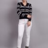 Spread Collar Striped Button-Down | Premium Acrylic Wool Women Knitted Black Top Sweater