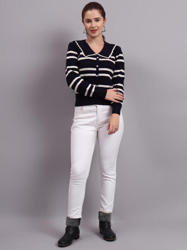Spread Collar Striped Button-Down | Premium Acrylic Wool Women Knitted Black Top Sweater