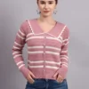 Women’s onion pink spread collar striped button-down premium acrylic wool knitted sweater top