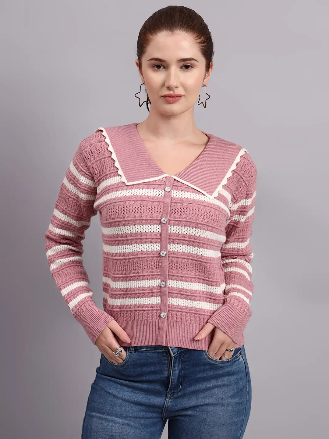 Women’s onion pink spread collar striped button-down premium acrylic wool knitted sweater top