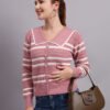 Spread Collar Striped Button-Down | Premium Acrylic Wool Women Knitted Onion Pink Top Sweater
