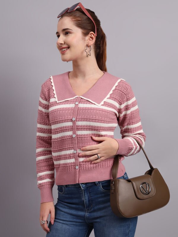 Spread Collar Striped Button-Down | Premium Acrylic Wool Women Knitted Onion Pink Top Sweater
