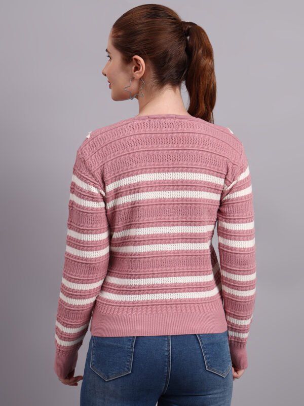 Spread Collar Striped Button-Down | Premium Acrylic Wool Women Knitted Onion Pink Top Sweater