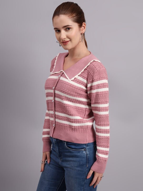 Spread Collar Striped Button-Down | Premium Acrylic Wool Women Knitted Onion Pink Top Sweater
