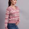 Spread Collar Striped Button-Down | Premium Acrylic Wool Women Knitted Onion Pink Top Sweater