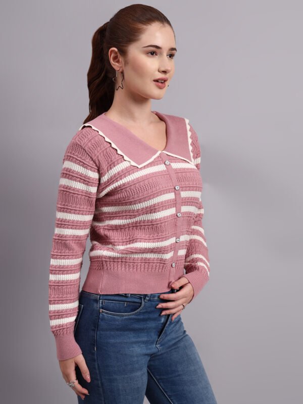 Spread Collar Striped Button-Down | Premium Acrylic Wool Women Knitted Onion Pink Top Sweater