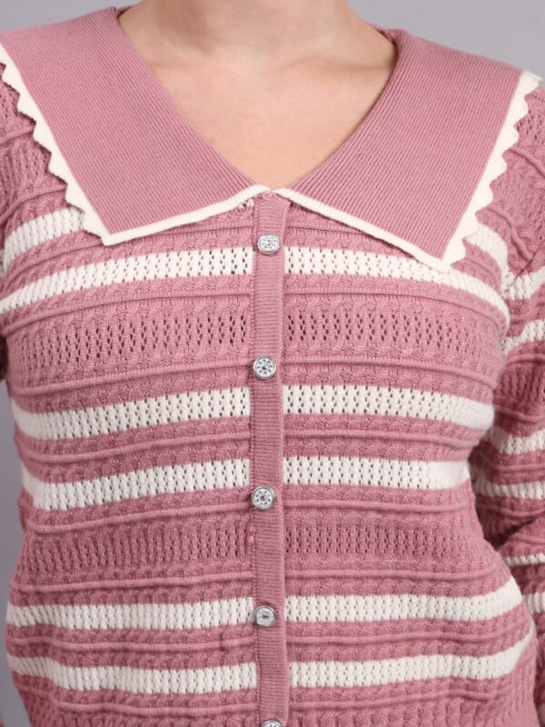 Spread Collar Striped Button-Down | Premium Acrylic Wool Women Knitted Onion Pink Top Sweater