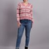 Women’s onion pink spread collar striped button-down premium acrylic wool knitted sweater top