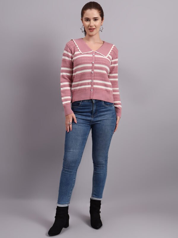Women’s onion pink spread collar striped button-down premium acrylic wool knitted sweater top