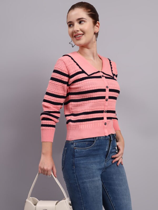 Women’s peach spread collar striped button-down premium acrylic wool knitted sweater top Women’s peach spread collar striped button-down premium acrylic wool knitted sweater top