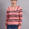 Women’s peach spread collar striped button-down premium acrylic wool knitted sweater top Women’s peach spread collar striped button-down premium acrylic wool knitted sweater top