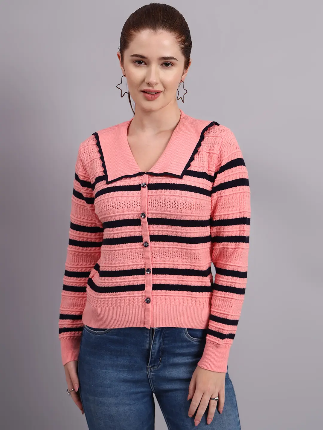 Women’s peach spread collar striped button-down premium acrylic wool knitted sweater top