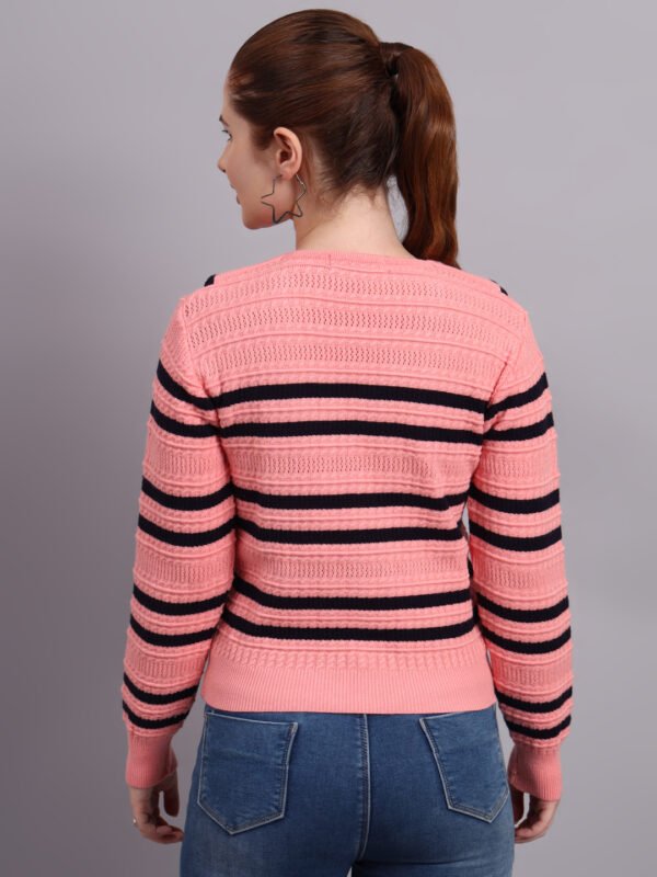 S16_PEACH_01_3 Premium Acrylic Wool Knitted Peach Top Sweater | Spread Collar Striped Button-Down