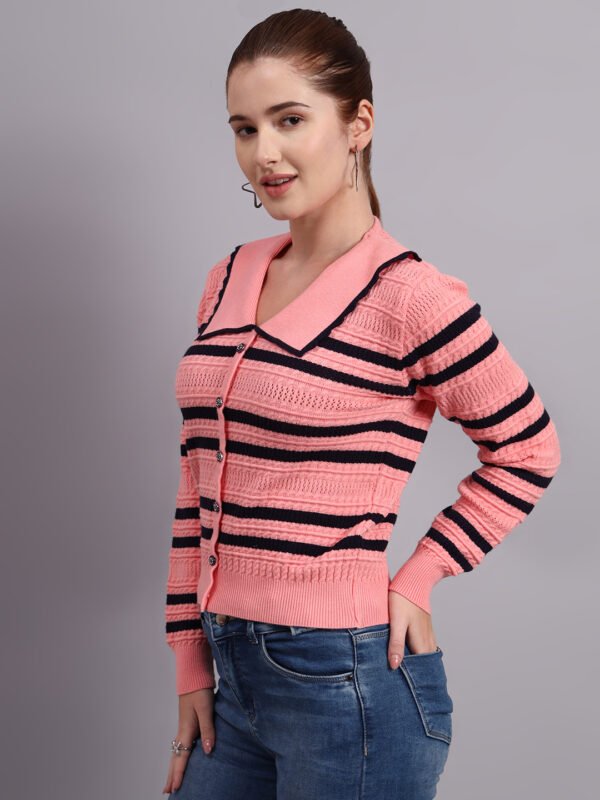 S16_PEACH_01_4 Premium Acrylic Wool Knitted Peach Top Sweater | Spread Collar Striped Button-Down