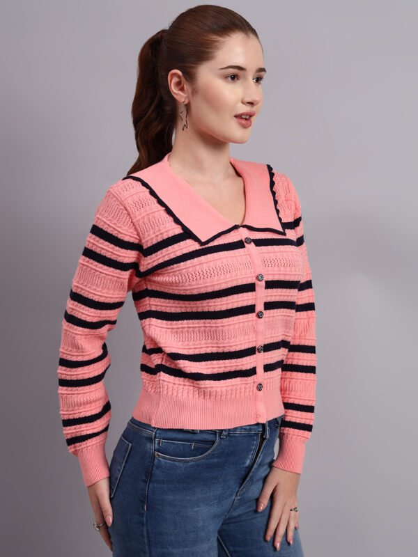 S16_PEACH_01_5 Premium Acrylic Wool Knitted Peach Top Sweater | Spread Collar Striped Button-Down