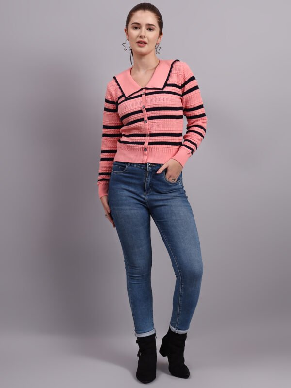 S16_PEACH_01_7 Premium Acrylic Wool Knitted Peach Top Sweater | Spread Collar Striped Button-Down