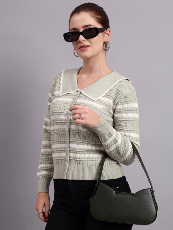 Women’s pistachio green spread collar striped button-down premium acrylic wool knitted sweater top Women’s pistachio green spread collar striped button-down premium acrylic wool knitted sweater top