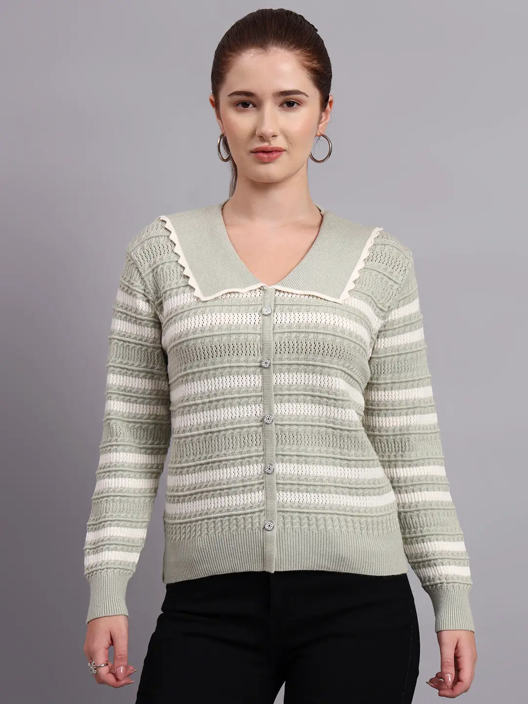 Women’s pistachio green spread collar striped button-down premium acrylic wool knitted sweater top
