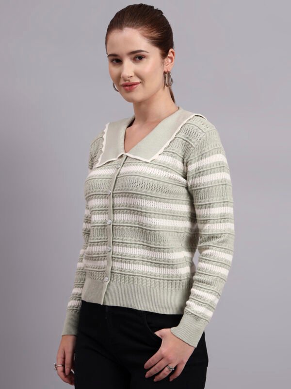 S16_PISTA_01_4 Spread Collar Striped Button-Down | Premium Acrylic Wool Women Knitted Pistachio Green Top Sweater