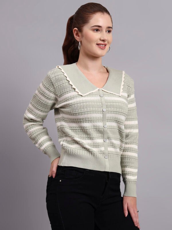 S16_PISTA_01_5 Spread Collar Striped Button-Down | Premium Acrylic Wool Women Knitted Pistachio Green Top Sweater