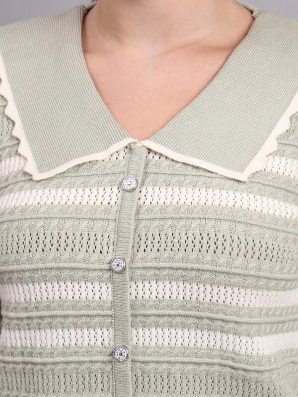 S16_PISTA_01_6 Spread Collar Striped Button-Down | Premium Acrylic Wool Women Knitted Pistachio Green Top Sweater