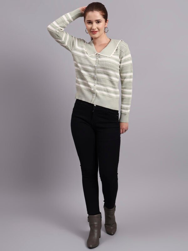 S16_PISTA_01_7 Spread Collar Striped Button-Down | Premium Acrylic Wool Women Knitted Pistachio Green Top Sweater