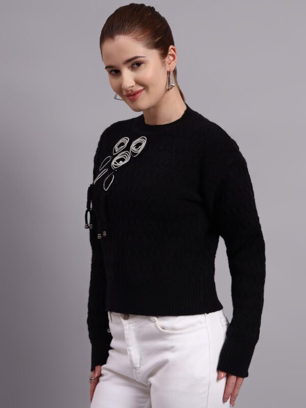 S17_BLACK_01_4 Embroidered Floral Texture Crew Neck | Premium Acrylic Wool Black Knitted Sweater