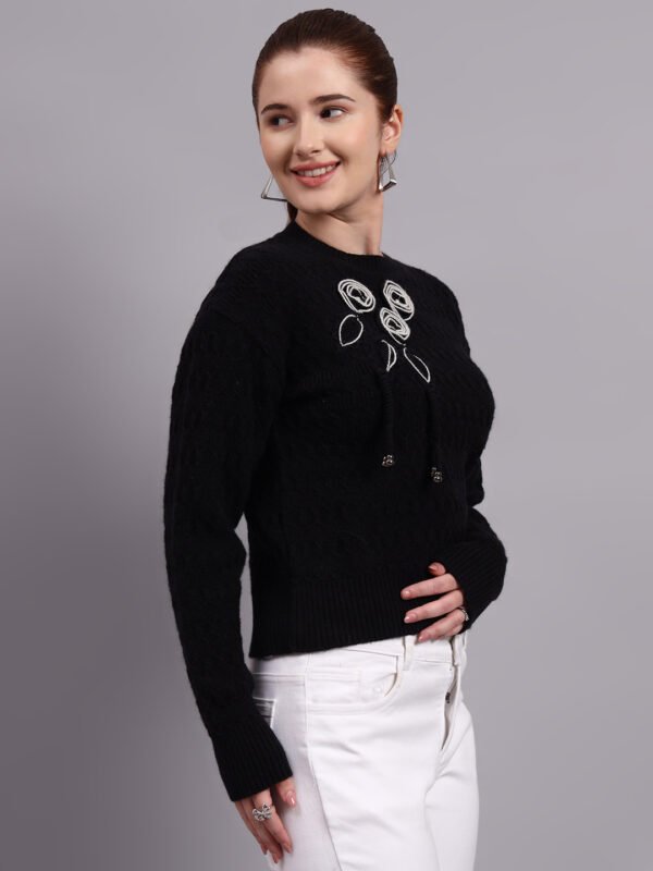 S17_BLACK_01_5 Embroidered Floral Texture Crew Neck | Premium Acrylic Wool Black Knitted Sweater