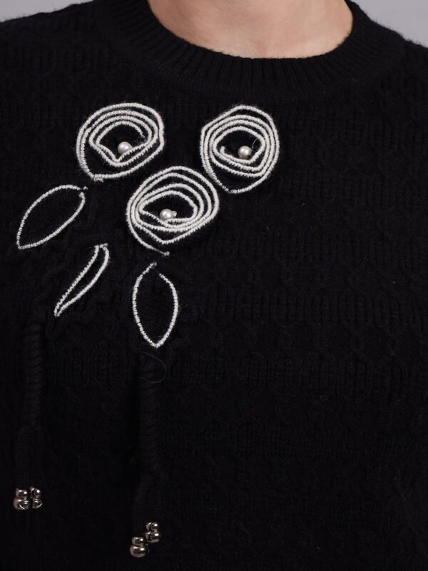 S17_BLACK_01_6 Embroidered Floral Texture Crew Neck | Premium Acrylic Wool Black Knitted Sweater