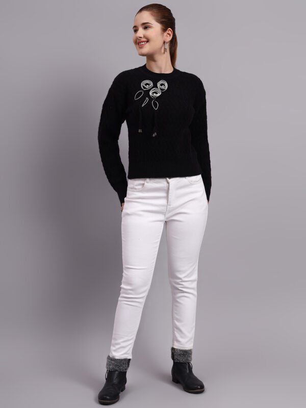 S17_BLACK_01_7 Embroidered Floral Texture Crew Neck | Premium Acrylic Wool Black Knitted Sweater