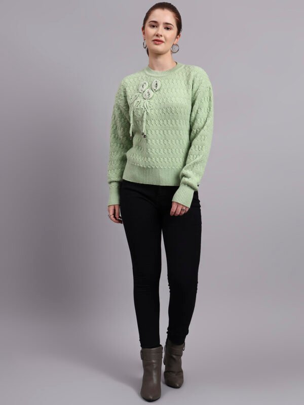Women’s light green crew neck embroidered floral texture premium acrylic wool knitted sweater Women’s light green crew neck embroidered floral texture premium acrylic wool knitted sweater