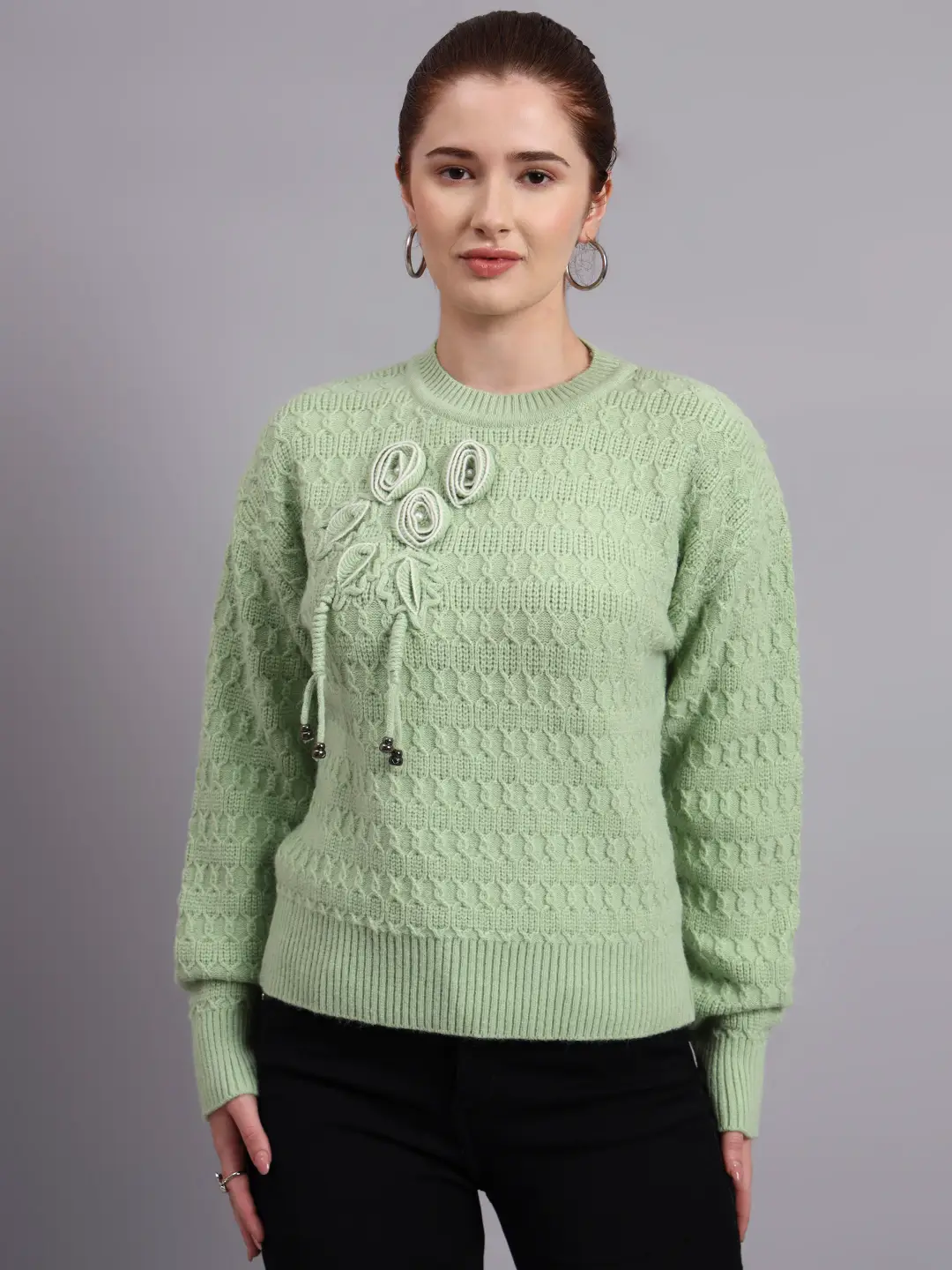 Women’s light green crew neck embroidered floral texture premium acrylic wool knitted sweater Women’s light green crew neck embroidered floral texture premium acrylic wool knitted sweater