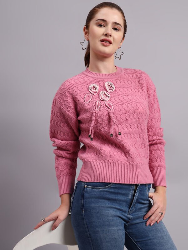 Women’s pink crew neck embroidered floral texture premium acrylic wool knitted sweater Women’s pink crew neck embroidered floral texture premium acrylic wool knitted sweater