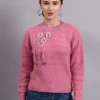 Women’s pink crew neck embroidered floral texture premium acrylic wool knitted sweater Women’s pink crew neck embroidered floral texture premium acrylic wool knitted sweater