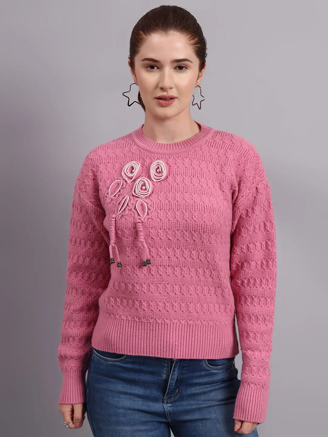 Women’s pink crew neck embroidered floral texture premium acrylic wool knitted sweater Women’s pink crew neck embroidered floral texture premium acrylic wool knitted sweater