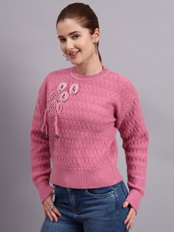 S17_PINK_01_4 Embroidered Floral Texture | Premium Acrylic Wool Pink Knitted Sweater