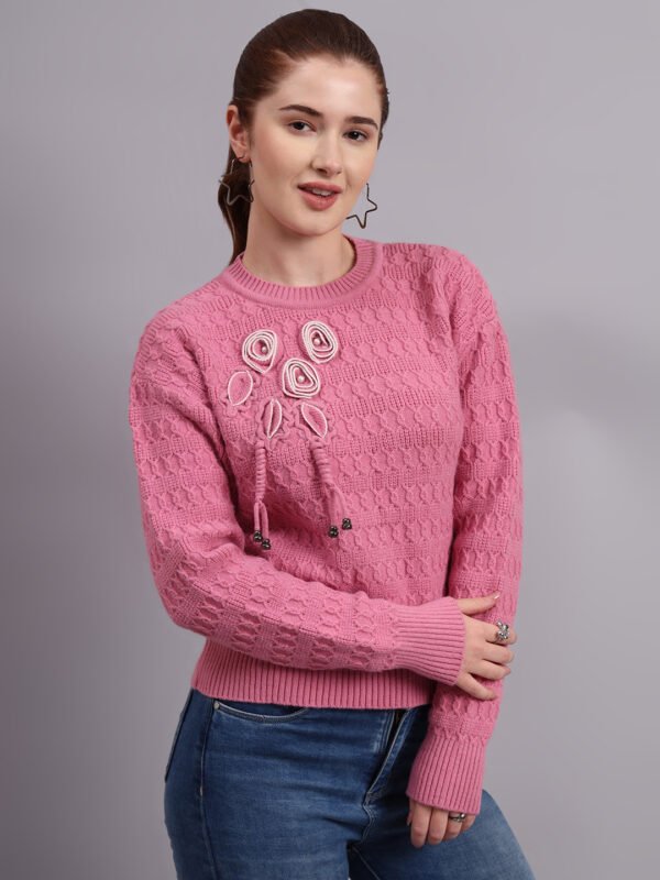S17_PINK_01_5 Embroidered Floral Texture | Premium Acrylic Wool Pink Knitted Sweater
