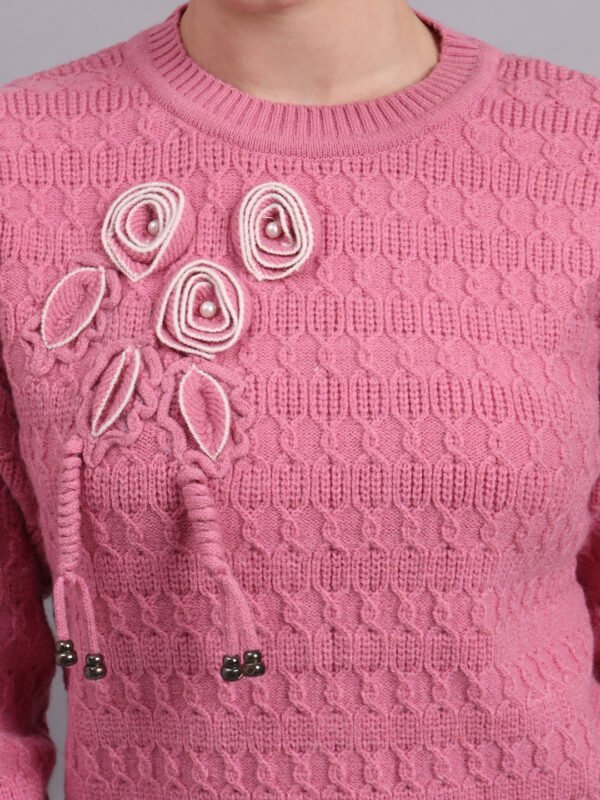 S17_PINK_01_6 Embroidered Floral Texture | Premium Acrylic Wool Pink Knitted Sweater