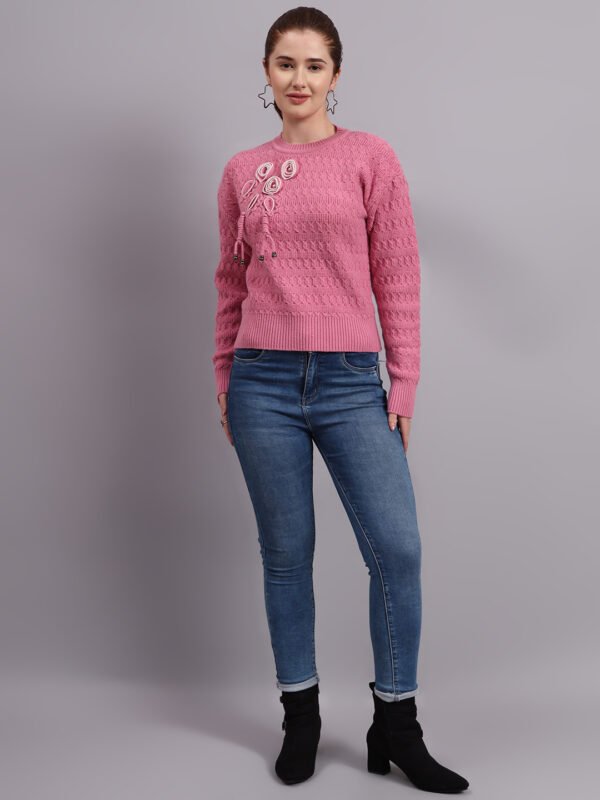 S17_PINK_01_7 Embroidered Floral Texture | Premium Acrylic Wool Pink Knitted Sweater
