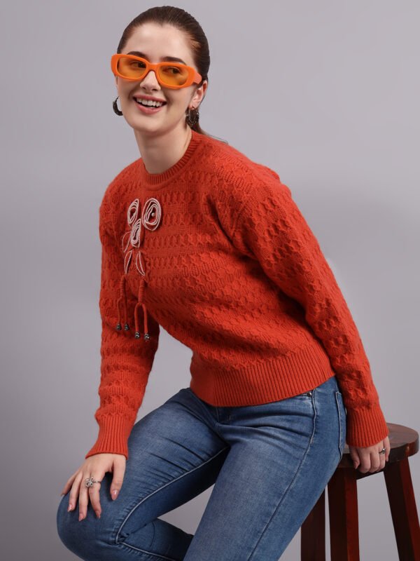 S17_RUST_01_1 Embroidered Floral Texture | Premium Acrylic Wool Rust Knitted Sweater