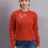 Women’s rust crew neck embroidered floral texture premium acrylic wool knitted sweater Women’s rust crew neck embroidered floral texture premium acrylic wool knitted sweater