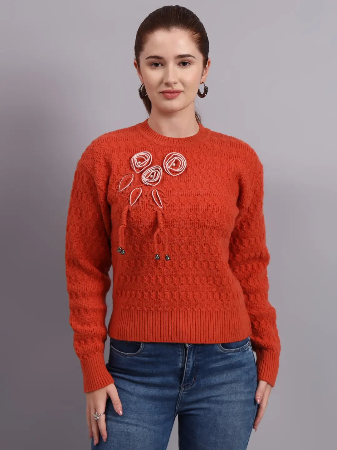 Women’s rust crew neck embroidered floral texture premium acrylic wool knitted sweater Women’s rust crew neck embroidered floral texture premium acrylic wool knitted sweater