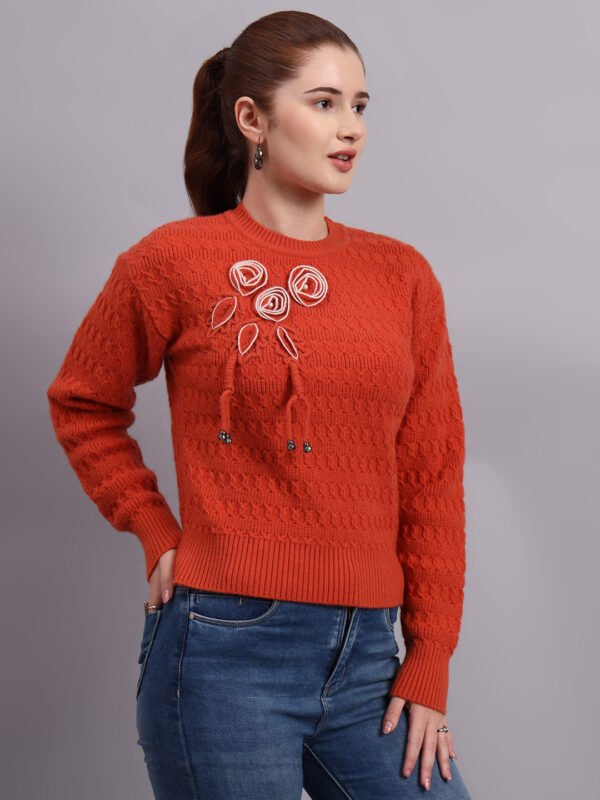 S17_RUST_01_5 Embroidered Floral Texture | Premium Acrylic Wool Rust Knitted Sweater