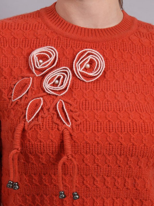 S17_RUST_01_6 Embroidered Floral Texture | Premium Acrylic Wool Rust Knitted Sweater